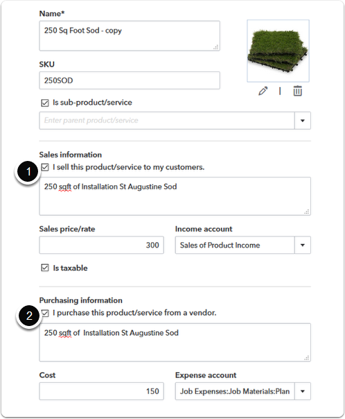 The original item setup including the sales information and the purchase information