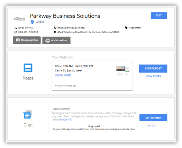 Google My Business main dashboard